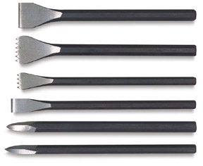A set of black plastic tools with a wooden handle.