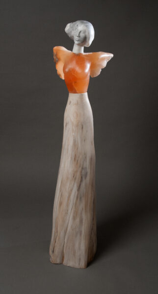 wood and stone sculpture of an angel, figurative contemporary