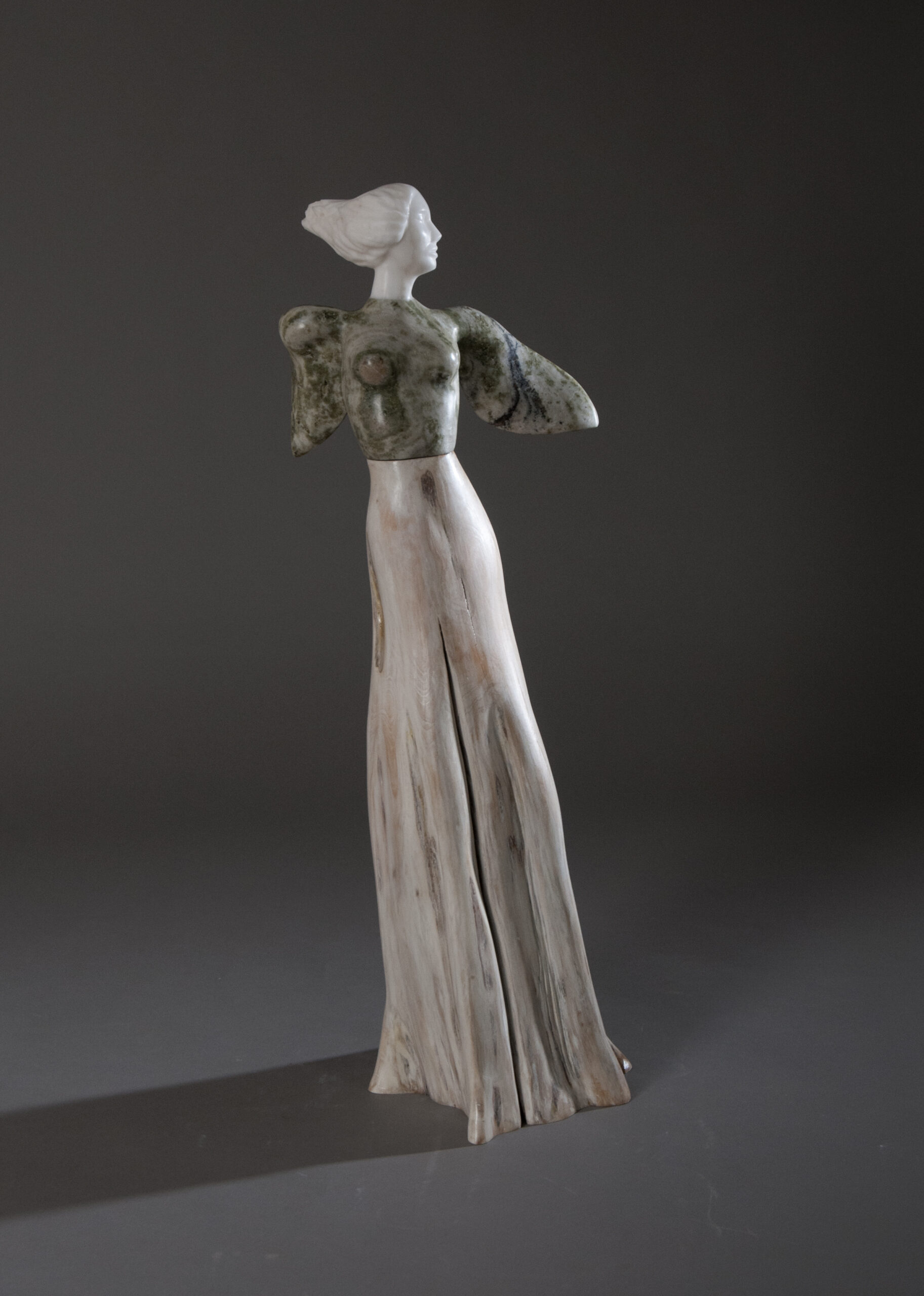 stone figurative sculpture, contemporary, angel statue, wood